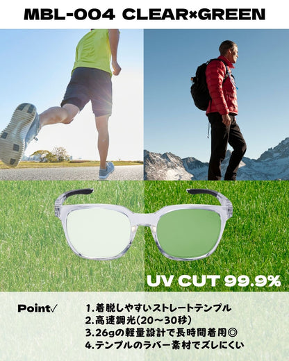 SHIBA（柴）| 調光サングラス　クリア×グリーン　ウェリントン型